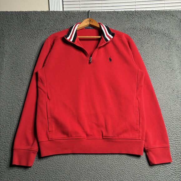 Polo Ralph Lauren Red 1/4 Zip Mock Neck Black Logo L/S Sweatshirt Size Medium M - Picture 1 of 13